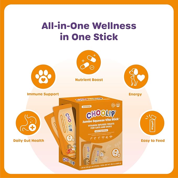Choolip Squeeze Vita Stick Lickable Cat and Dog Treats – 20-Pack of 40g – Real Fish Puree with Multivitamins & Postbiotics – Hydrating, Gut & Immune Support – Large Breeds & Multi-Pet Homes