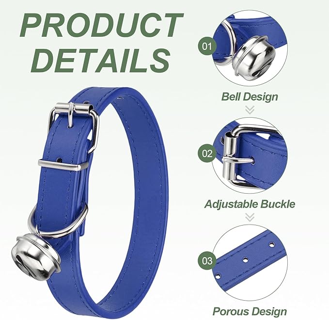 Dog Collar with Bell, Pu Leather Cat Collars Pet Basic Soft Padded Adjustable Buckle, 16" (Navy, 1 Pcs), Intended for Teacup/Little Dog/Kitten Cats/Small Animals
