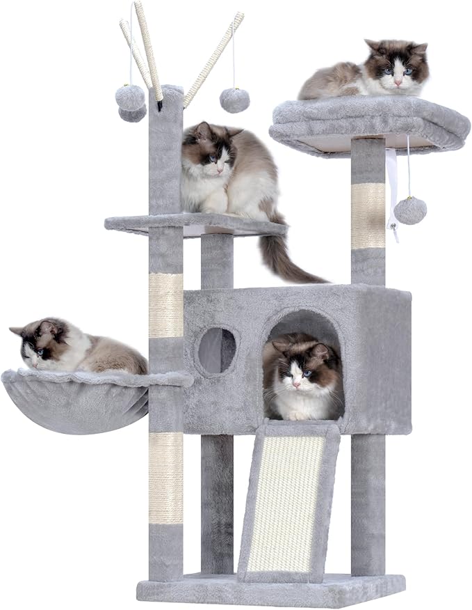 Hey-brother Cat Tree Tower, Scratching Posts with Removable Toys, Cozy Condo, Platform, Hammock, Sisal Scratch Board and Ball for Indoor Kittens, 41.3 Inches, Light Gray MPJ008SW