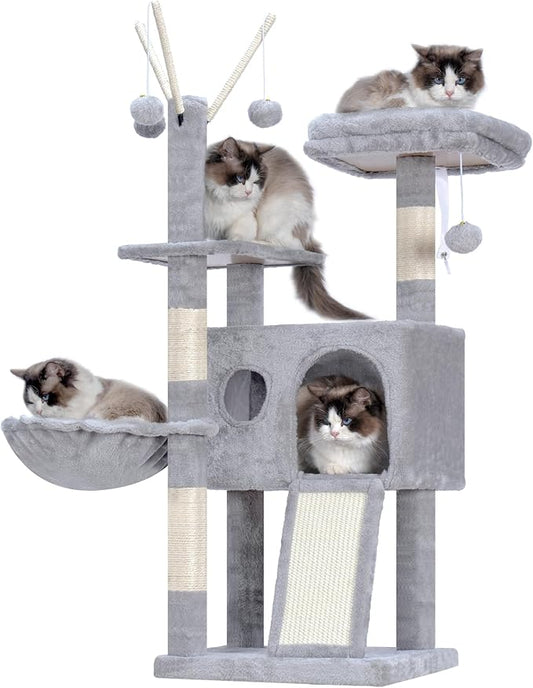 Hey-brother Cat Tree Tower, Scratching Posts with Removable Toys, Cozy Condo, Platform, Hammock, Sisal Scratch Board and Ball for Indoor Kittens, 41.3 Inches, Light Gray MPJ008SW