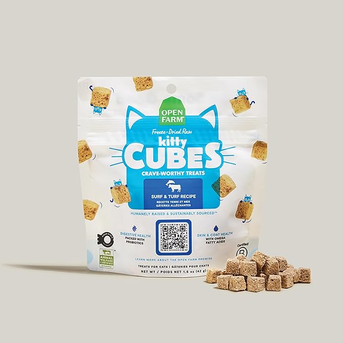 Open Farm, Kitty Cubes, Freeze Dried Raw Cat Treats, Grain-Free, High-Protein Cat Treat with Probiotics, Omega Fatty Acids & Superfoods, Surf & Turf Recipe, 1.5oz Bag