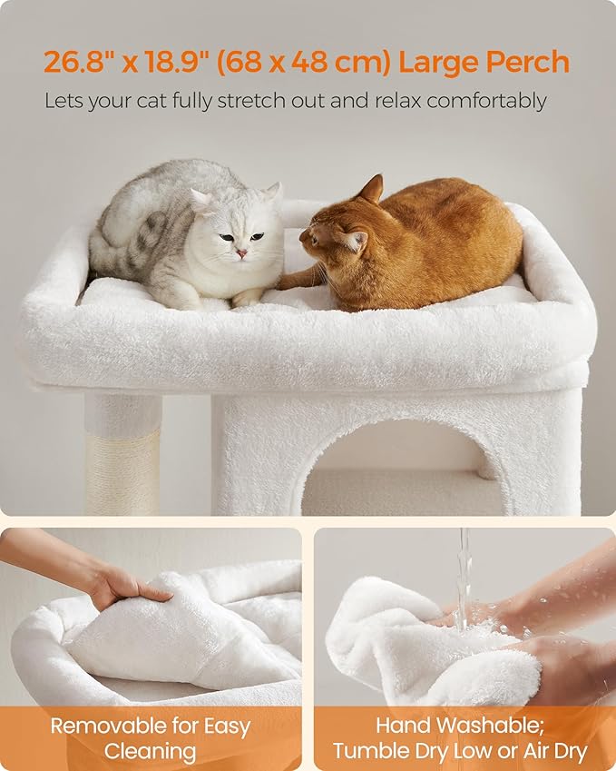 Feandrea Cat Tree, 39.8-Inch Cat Tower, XL, Cat Condo for Extra Large Cats up to 44 lb, Large Cat Perch, 2 Cat Caves, Scratching Post, Cream White UPCT614T01