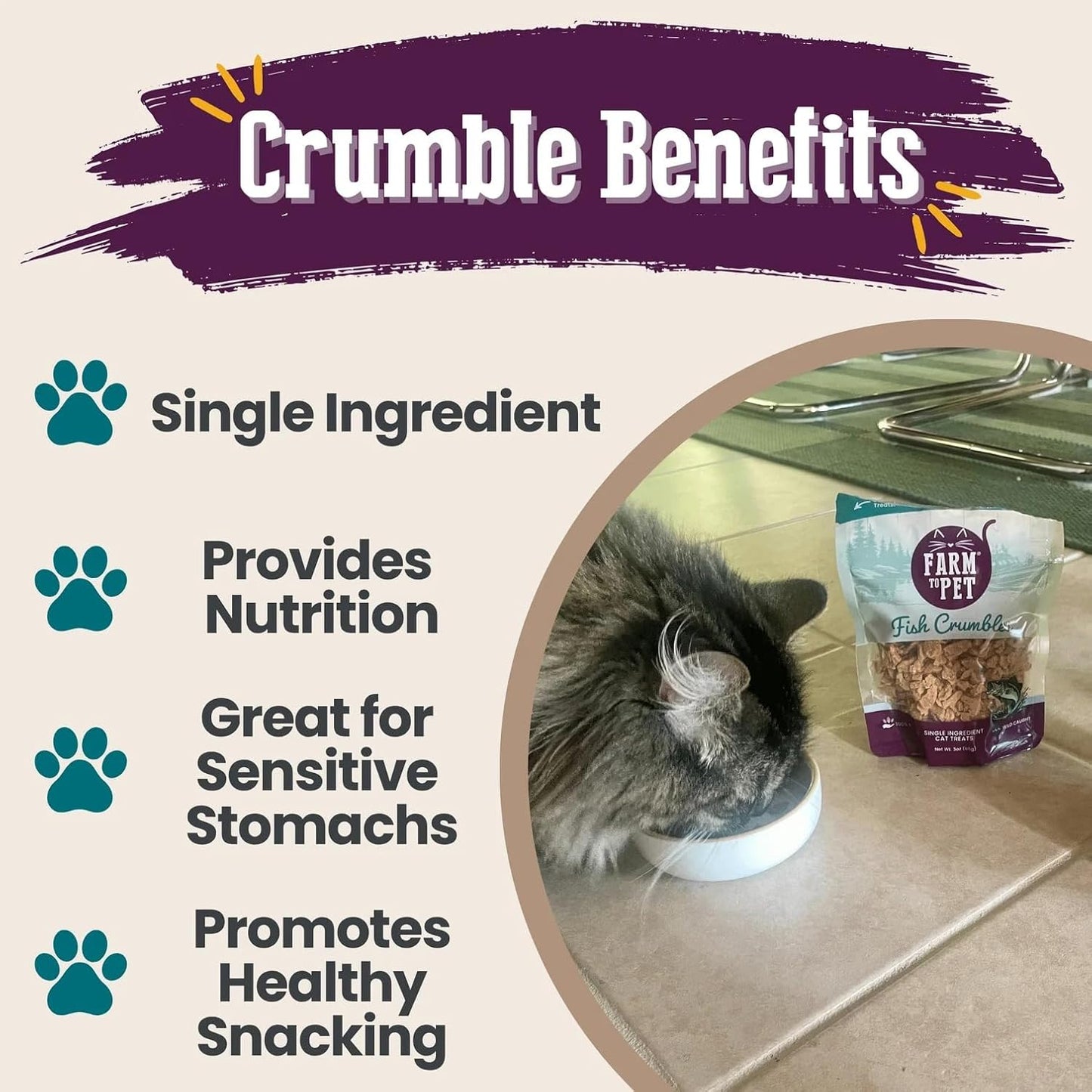 Farm To Pet - Cat Treat Crumbles - 3 oz Single Ingredient Fish Treat and Snacks - Healthy for Indoor Cats and Kitten - Essential Products (Mix with Wet/Dry Food)