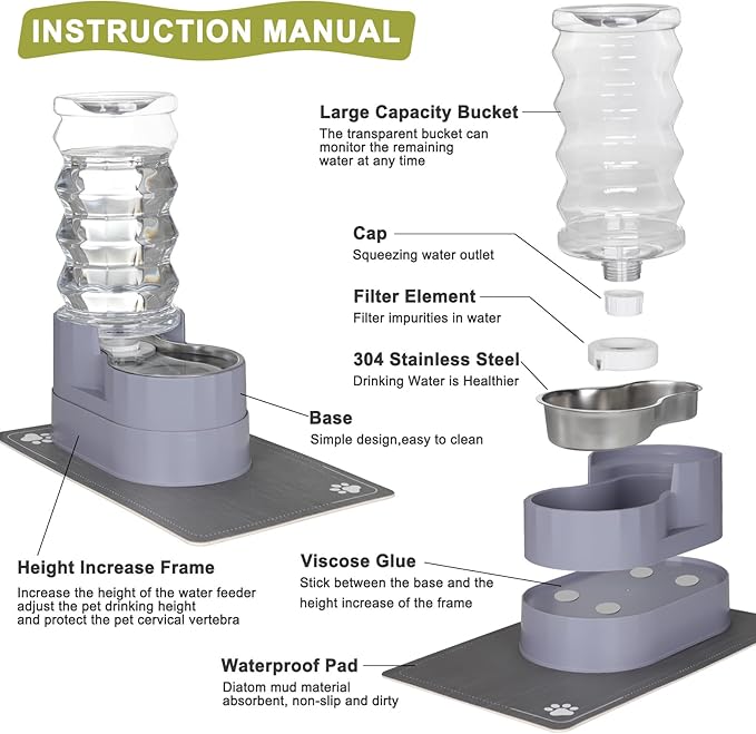 RIZZARI Large Water Dispenser for Dogs: 8L Gravity Gray Automatic Stainless Steel Waterer with Specialized Brush and Triple Filter - Raised Pet Feeder for Senior Dogs with Joint Pain in Bedroom Garden