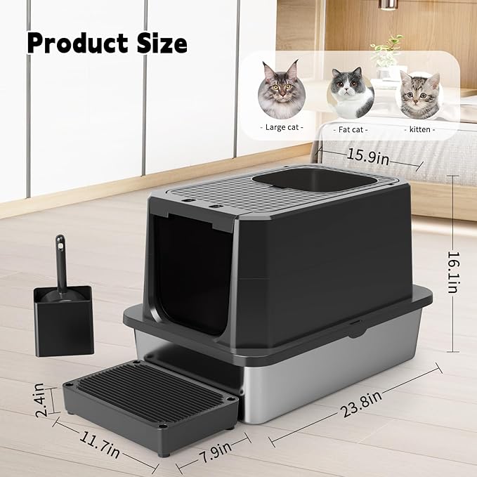RIZZARI Enclosed Cat Litter Box: All Black Stainless Steel Odorless Cat Box - Top-Entry Design - Large Capacity Leak Proof Litter Pan for Cats - Easy Clean Pet Toilet - for Living Room Bedroom