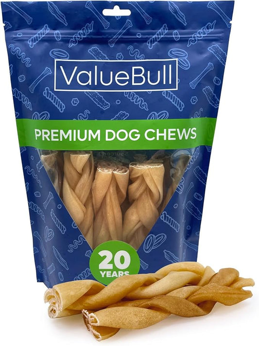 ValueBull Buffalo Collagen Braided Sticks for Large Dogs, 6 Inch Thick Chews, Natural Long-Lasting Dog Treats, 10 Count - Supports Joints, Skin & Coat with Chondroitin & Glucosamine