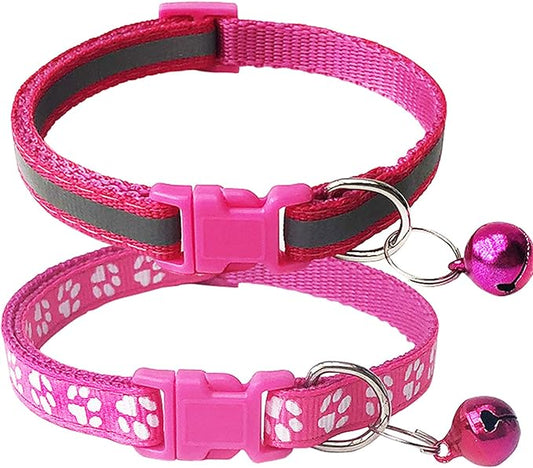 CHBORCHICEN 2-Pack Footprint & Reflective Cat Collar with Bell Basic Dog Cat Collar Buckle Adjustable Polyester Cat Dog Collar or Seatbelts (X-Small, Rose)