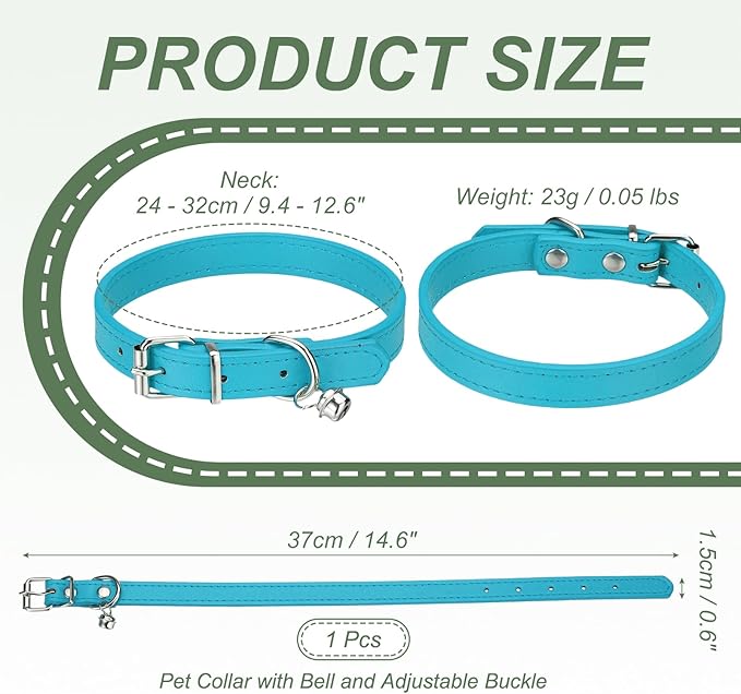Dog Collar with Bell, Pu Leather Cat Collars Pet Basic Soft Padded Adjustable Buckle, 14.5" (Bright Blue, 1 Pcs), Intended for Teacup/Little Dog/Kitten Cats/Small Animals