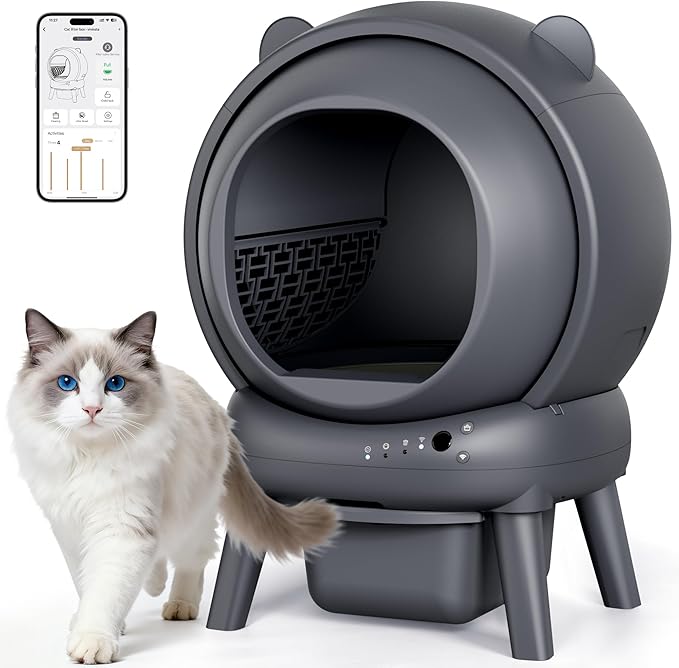 Automatic Litter Box for Multiple Cats, Large Capacity Self Cleaning Litter Box with App Control, Odor & Noise Control, Dual Safety Sensors, Easy Maintenance with 2 Roll Garbage Bags, Gray