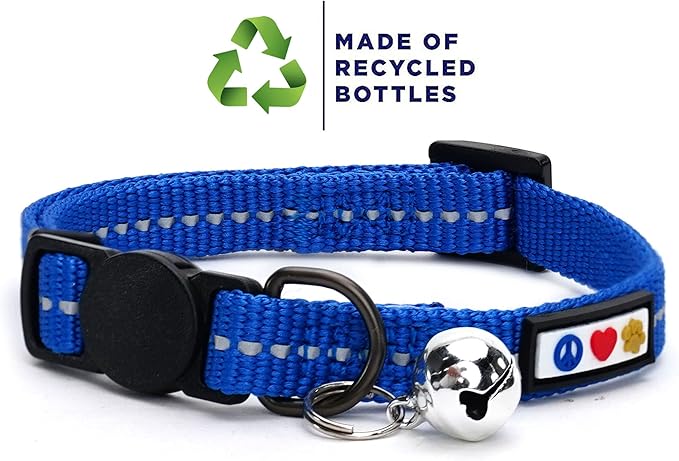 Pawtitas Recycled Blue Reflective Cat Collar – Eco-Friendly Breakaway Safety Buckle, Adjustable Kitten & Adult Collar with Removable Bell and High-Visibility Strap