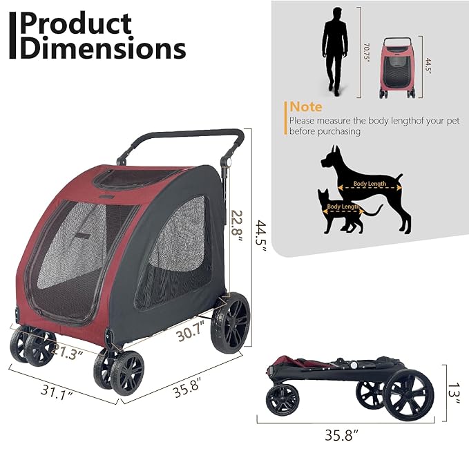 Extra Large Dog Stroller for Medium & Large Pets - Foldable Design, Adjustable Handle, Up to 130 lbs(Red)