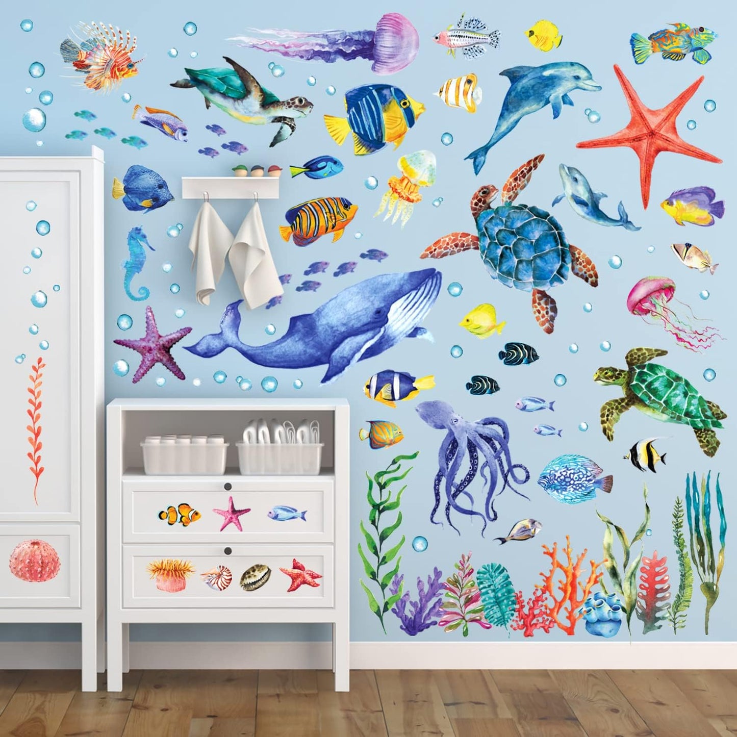 BASHOM DS12-8048 128 Pieces Under The Sea Wall Decals Ocean Fish Stickers Turtle Jellyfish Seaweed Removable for Kids Bedroom Nursery Living Room Home Art Decor Bathroom Baby