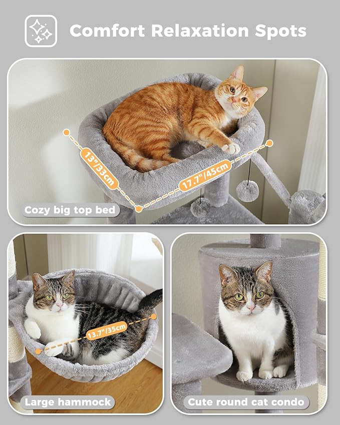 Cat Tree for Large Cats, 59-inch Tall Cat Tower with 3 Removable Pompom Sticks, Condo, Large Hammock, Scratching Post & 2 Perches, Grey
