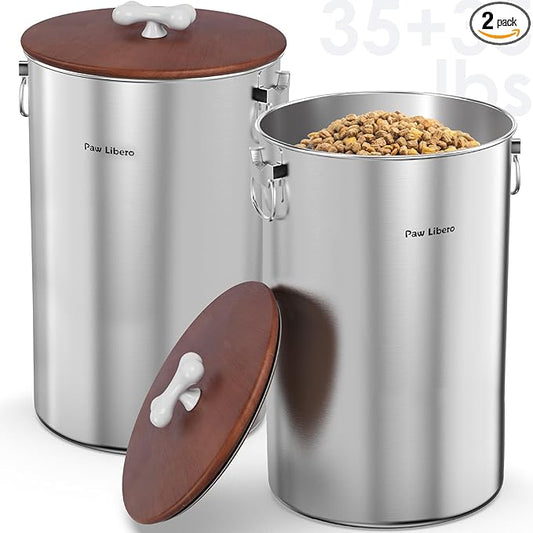 2PK 35 Lbs total 70Lbs Stainless Steel Dog Food Storage Container with Airtight Wooden Lid & Ceramic Bone Handle, Large Metal Dog Food Bin for Dogs & Cats, Keep Fresh, Easy to Clean