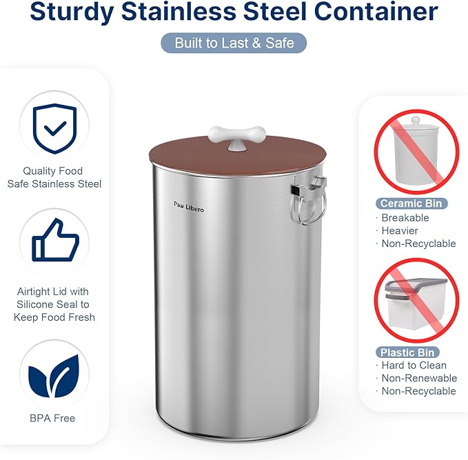 35 Lbs Stainless Steel Dog Food Storage Container with Airtight Lid & Ceramic Bone Handle, Large Metal Dog Food Bin for Dogs & Cats, Keep Fresh, Easy to Clean