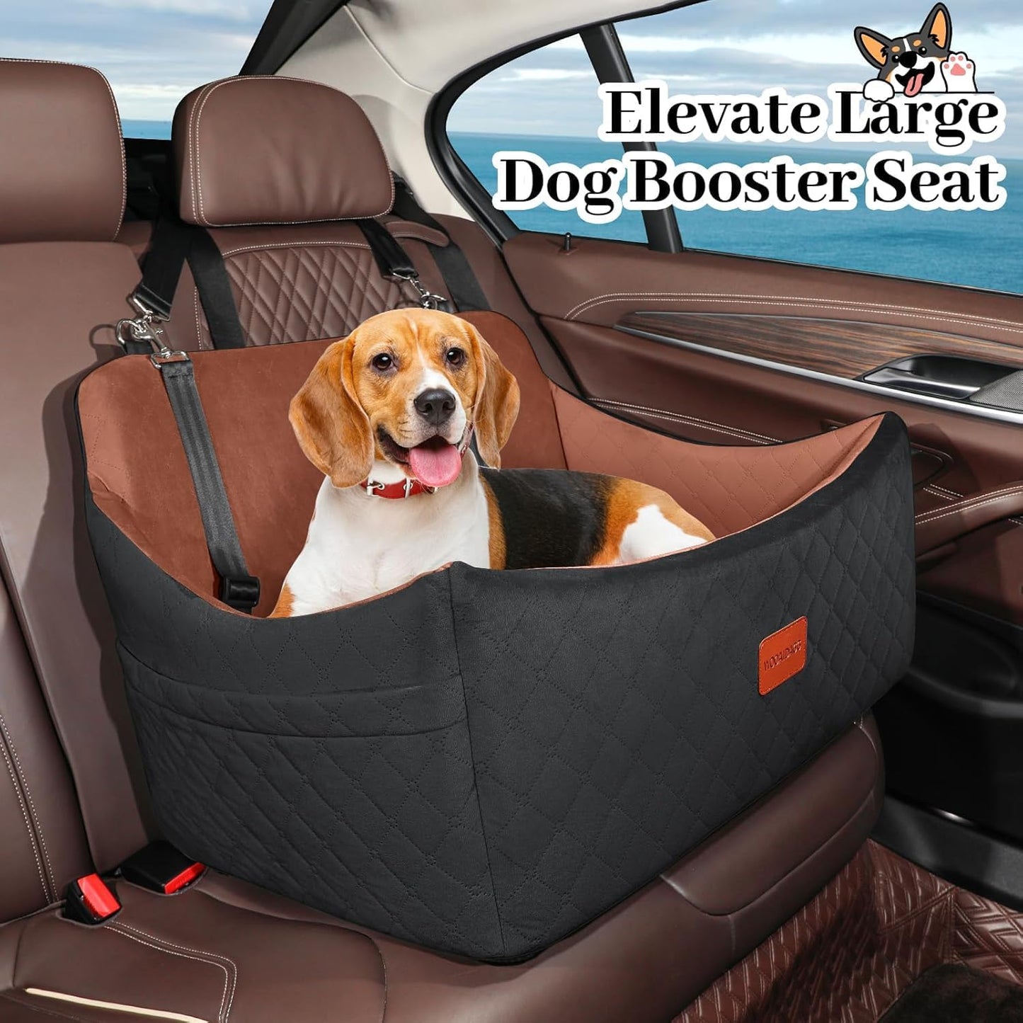 Dog Car Seat for Medium & Large Dogs Up to 55lbs, Memory Foam Cushion, Washable Cover, Safety Straps & Non-Slip Bottom(Black/Brown,Large)