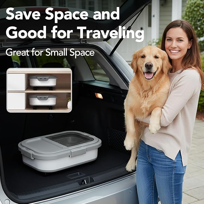 15 Lbs Dog/Cat Food Storage Container,Collapsible Food Storage Containers with Rolling Wheel Airtight Locking Lid,Pet Food Storage Container with Cup and Scoop,Grey