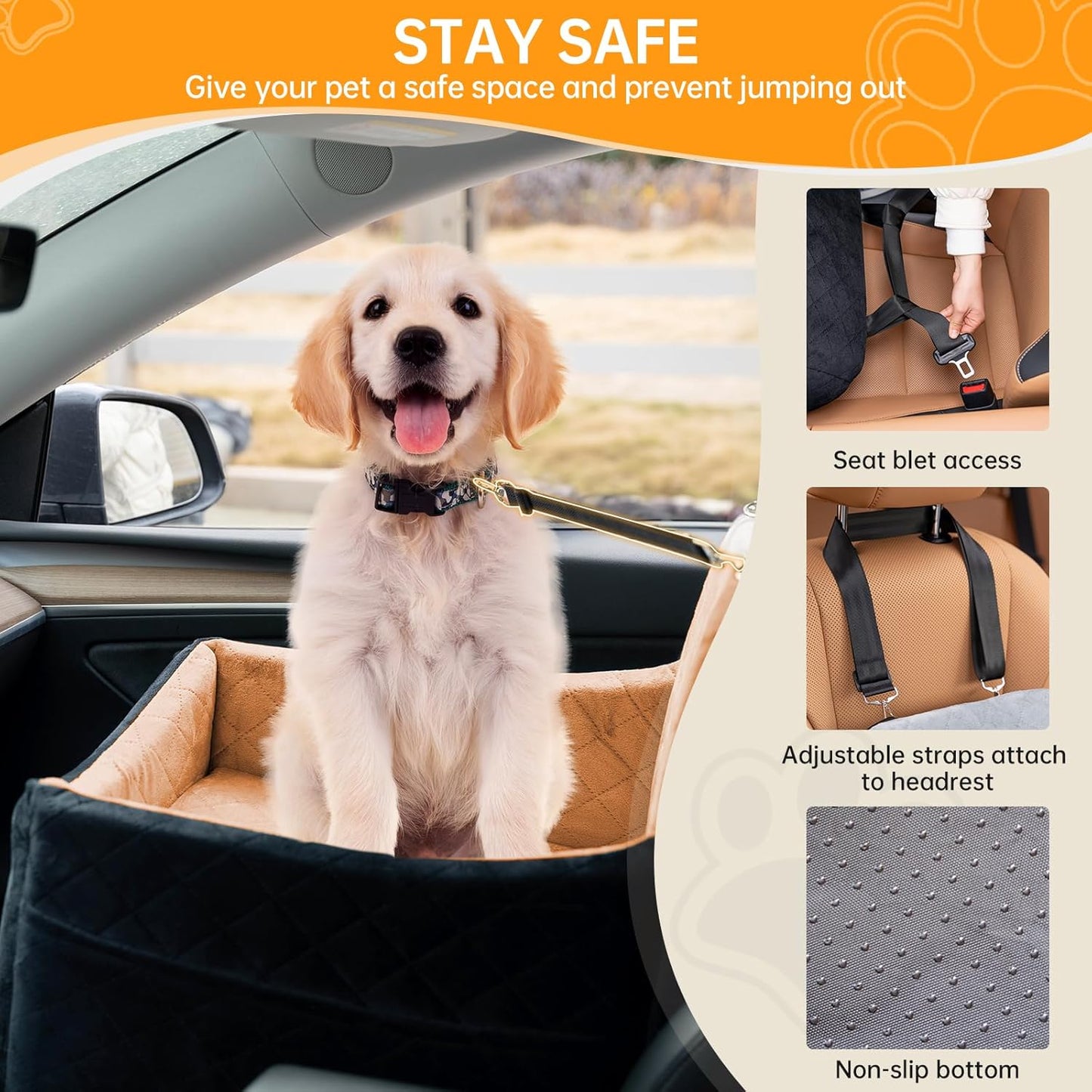 Dog Car Seats for Small/Medium Dogs, FurFrolic Memory Foam Dog Booster Seat for Small Dogs up to 35 lbs, Travel Pet Car Seat with Washable Detachable Cover, Storage Pockets, 2 Safety Belt, Black Brown