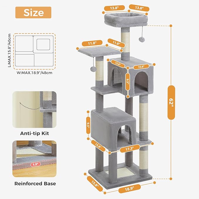 62" Cat Tree for Indoor Cats, Multi-Level Cat Tower with 2 Spacious Condos, Dual Top Perches, Scratching Pad, 4 Scratching Posts, 2 Pompoms, Grey