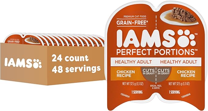 IAMS Perfect Portions Healthy Adult Wet Cat Food Cuts in Gravy, Chicken Recipe, 2.6 oz. Easy Peel Twin-Pack Trays (24 Count, 48 Servings)