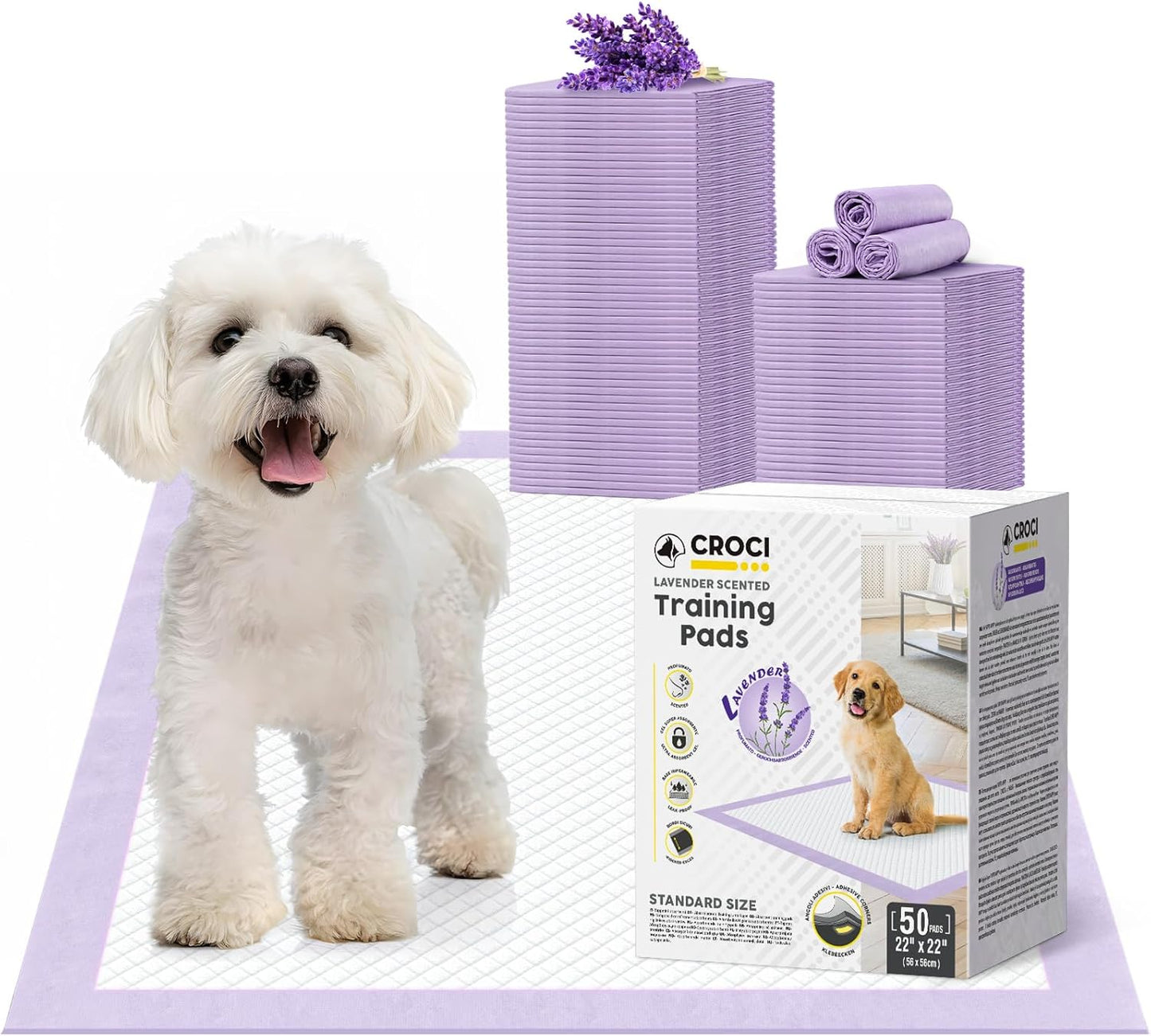 CROCI Puppy Pads 22x22in Small with Adhesive Tabs, Dog Pee Pads Absorbs Up to 3 Cups Potty Training, Disposable (50 Counts)