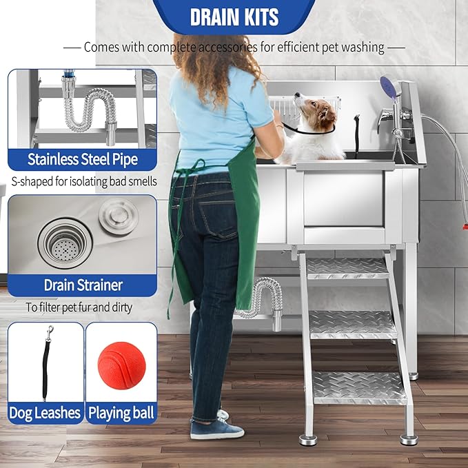 Stainless Steel Dog Washing Station, Pet Grooming Tub W/Storage Stairs, Faucet & Showerhead & Soap Holder Dog Bathtub for Large & Medium & Small Pets,34" R-RAMP