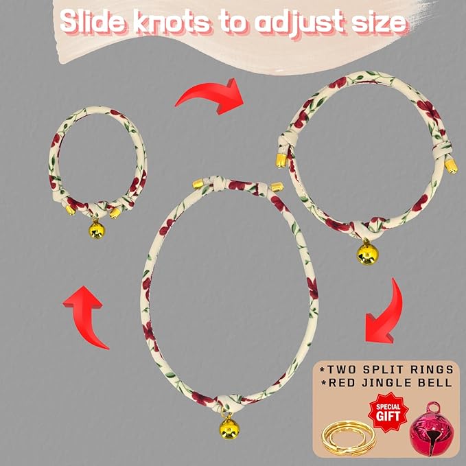 Cotton Christmas Cat Collar with Bell – Adjustable Slip-On Design, No Buckle, Lightweight Rope Collar for Kittens, Indoor Cats, and Small Pets (Ruby)