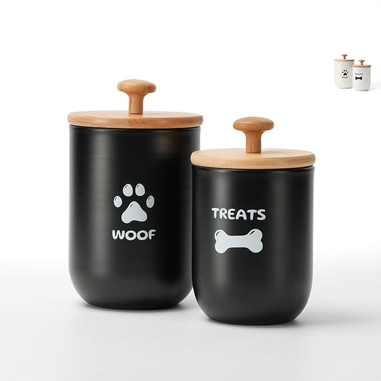 Dog Treat Container Set of 2, Dog treat jar with Airtight Lid, Small dog food container, Dog Cookie Jar for kitchen Counter, Treats Canister, Pet Treat Container 8.3x4.9 & 7.1x4.3 (Black)
