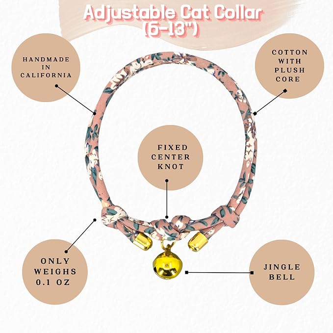 Handmade Cotton Cat Collar with Bell – Adjustable Slip-On Design, No Buckle, Lightweight Rope Collar for Kittens, Indoor Cats, and Small Pets (Dusk)