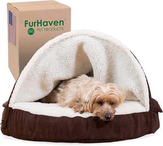 Furhaven 26" Round Memory Foam Dog Bed for Medium/Small Dogs w/ Removable Washable Cover, For Dogs Up to 30 lbs - Sherpa & Suede Snuggery - Espresso, 26-inch