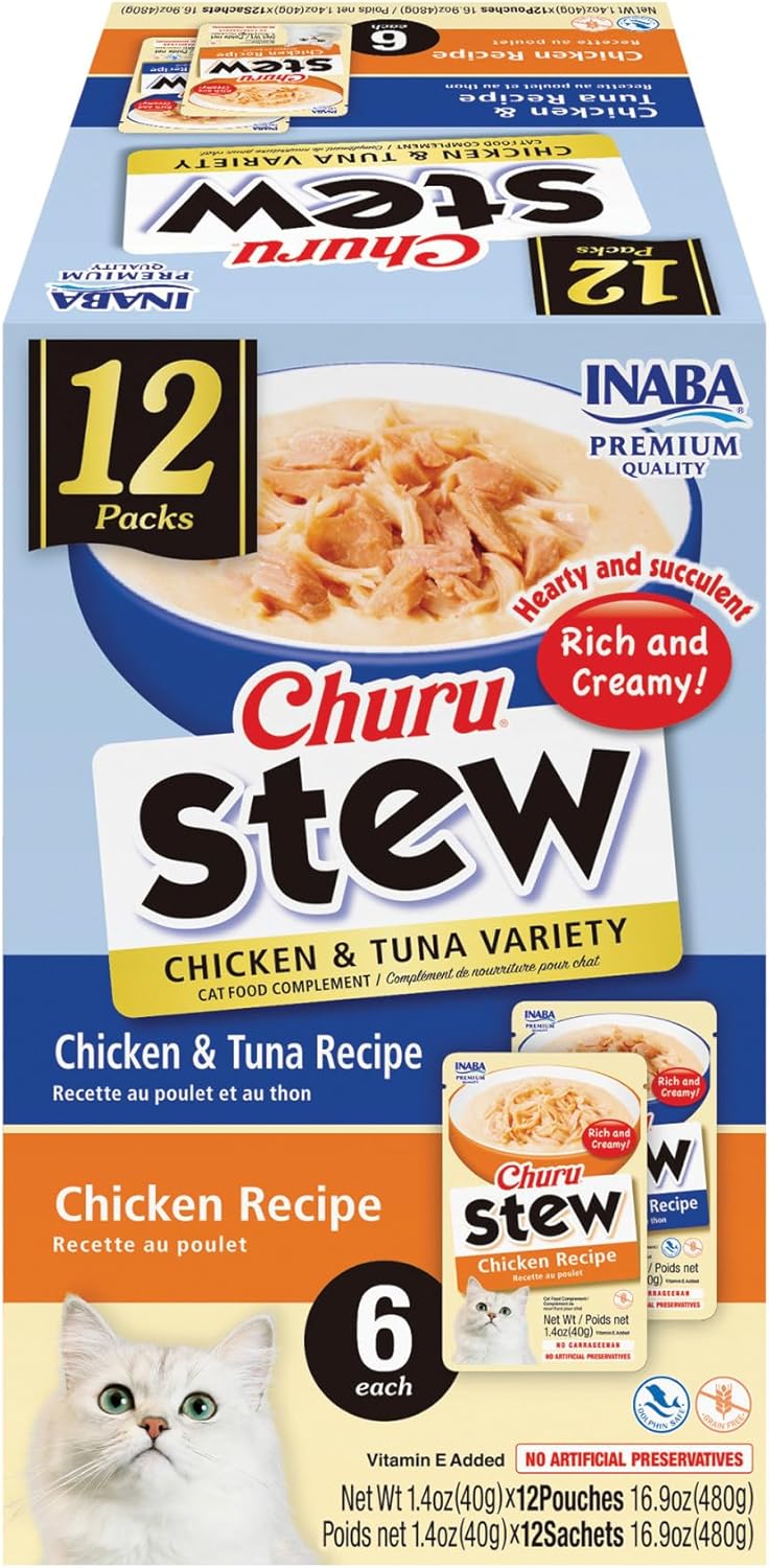 INABA Churu Stew for Cats, Side Dish Pouch with Vitamin E, 1.4 Ounces per Pouch, 12 Pouches, Chicken & Tuna Variety