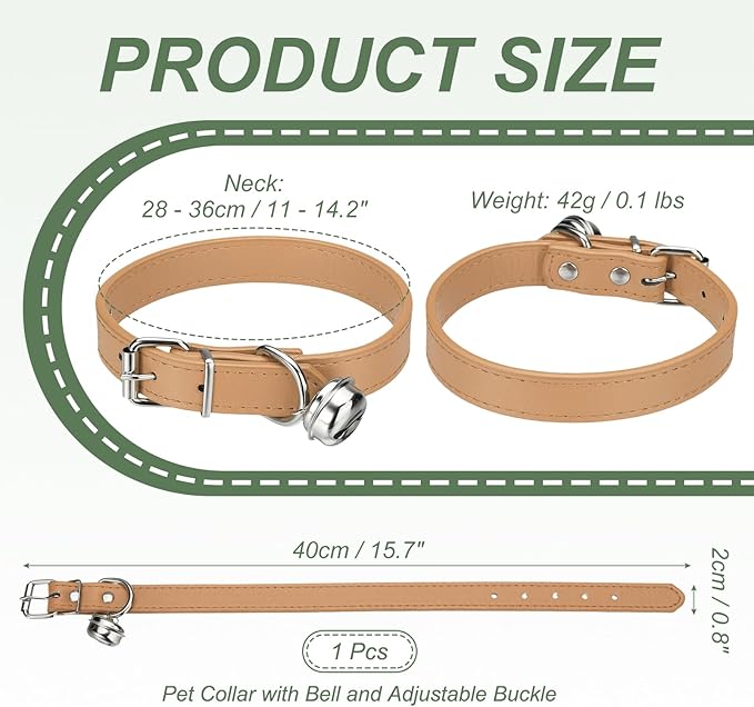 Dog Collar with Bell, Pu Leather Cat Collars Pet Basic Soft Padded Adjustable Buckle, 16" (Khaki, 1 Pcs), Intended for Teacup/Little Dog/Kitten Cats/Small Animals