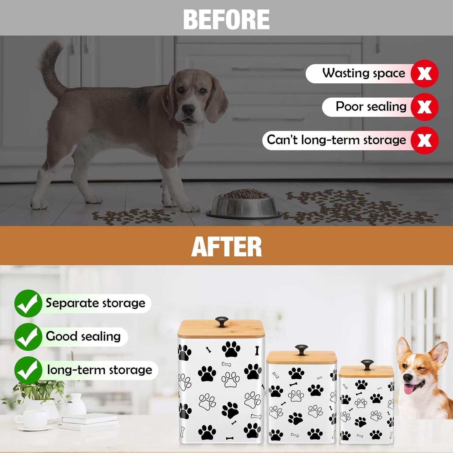 3 Pack Airtight Dog Food Containers with Bamboo Lids, Metal Dog Treat Jars Canisters for Kibble, Biscuits, Snacks, Cookies, Pet Food Storage Set for Kitchen Counter(White)