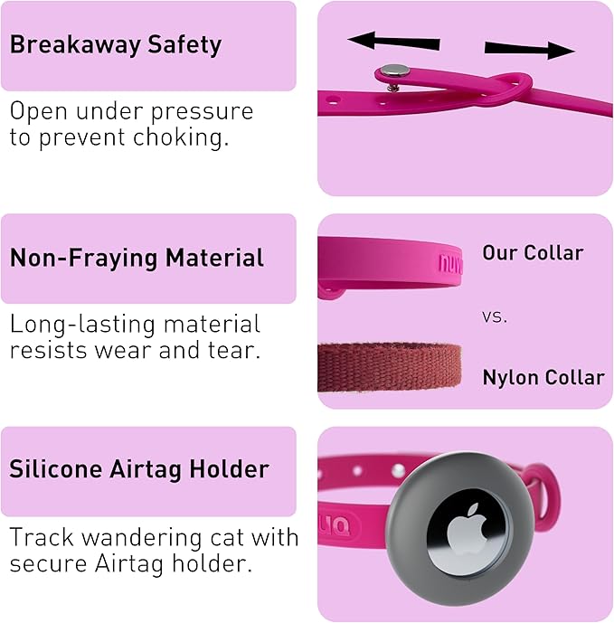 Airtag Breakaway Cat Collar - Soft, Comfortable, and Lightweight Safety Buckle Collar with Air Tag GPS Tracker Holder for Outdoor Cats and Sensitive Skin Kittens by Nuvuq (6 ⅞" to 10 ¼", Pink)