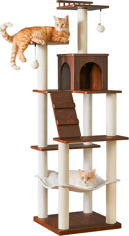 Modern Cat Tree - 64 inch Cat Tower for Indoor Cats, Multi-Level Cat Condo with 7 Fully Wrapped Scratching Posts, 2 Perches, Hammock, Removable Pad & Dangling Balls-Walnut Brown