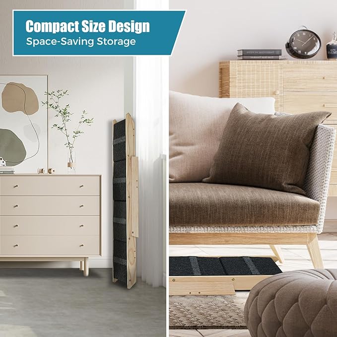 Wood Pet Stairs/Pet Steps for All Dogs and Cats - 2-in-1 Foldable Carpeted 4 Tiers Dog Stairs & Ramp Perfect for Beds and Cars - Portable Dog/Cat Ladder Up to 150 Pounds