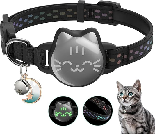 Waterproof Airtag Cat Collar, Breakaway Cat Airtag Collar with Luminous & Reflective Fish Pattern, Lightweight Kitten Collars for Apple Air tag, Hidden GPS Tracker Holder for Cats, Kittens(9-13")