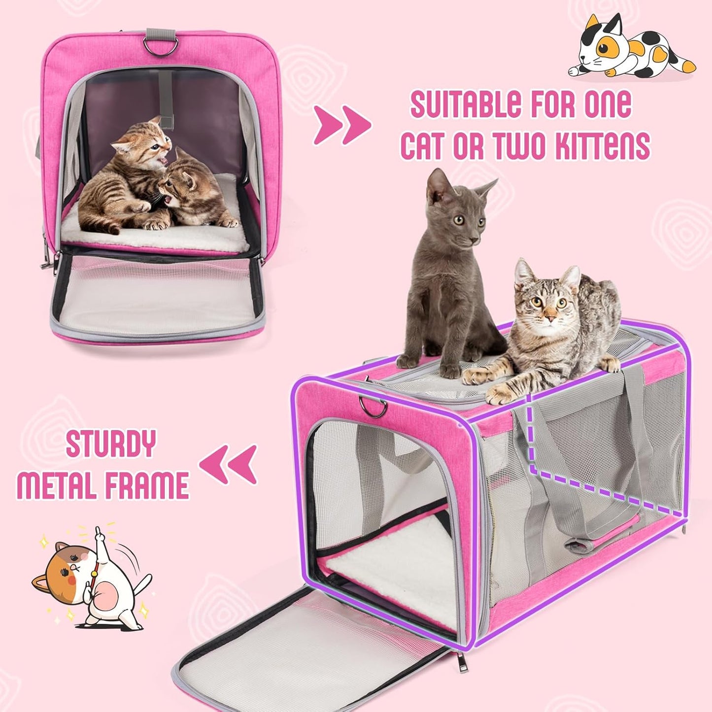 Pet Carrier for Large Cats of 20 Lbs, Collapsible Carrier Bag for Big Cat or 2 Kittens,Soft Sided Puppy Carrier with Sturdy Travel Transport Strap, Adequate Ventilation, 4 Mesh Windows (Pink)