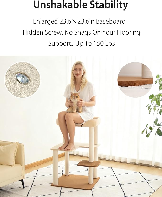 Cat Tree for Large Cats, Modern Senior Friendly Cat Tower with Wide Shelves, Cotton Scratching Posts, Super Sturdy Base, Cozy Perches, and Interactive Toys for Indoor Kittens, 37.4'' Cream.
