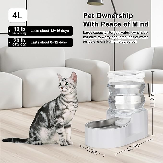 RIZZARI Pet Water Bowl Dispenser: 4L Automatic Stainless Steel Gravity Feeder with Specialized Brush and Triple Filter - Large Capacity for Cats and Dogs with Joint Spine Pain - for Kitchen Bedroom
