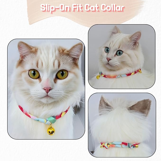 Handmade Cotton Cat Collar with Bell – Adjustable Slip-On Design, No Buckle, Lightweight Rope Collar for Kittens, Indoor Cats, and Small Pets (Aurora)