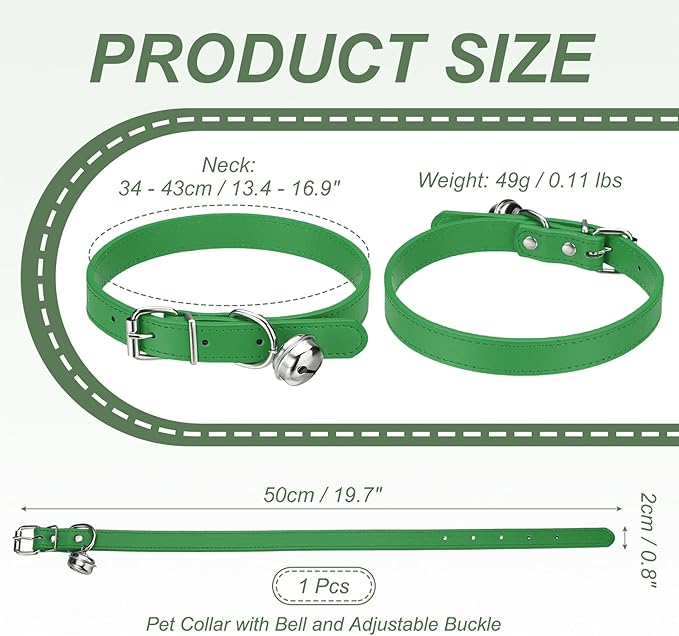 Dog Collar with Bell, Pu Leather Cat Collars Pet Basic Soft Padded Adjustable Buckle, 20" (Green, 1 Pcs), Intended for Teacup/Little Dog/Kitten Cats/Small Animals