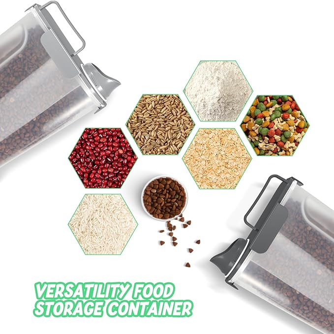 Cat Dog Food Storage Container, Upgraded Large Nozzle,5LBS Plastic Pet Food Storage Container, With 4 Sealed Clasps, 1 Measuring Cup and Handle, Easy to Clean and Carry -2 Pcs Light Gray + Dark Gray