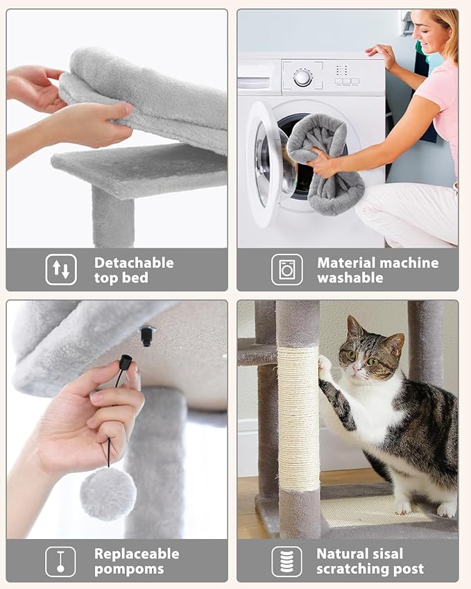 Cat Tree for Large Cats, 59-inch Tall Cat Tower with 3 Removable Pompom Sticks, Condo, Large Hammock, Scratching Post & 2 Perches, Grey