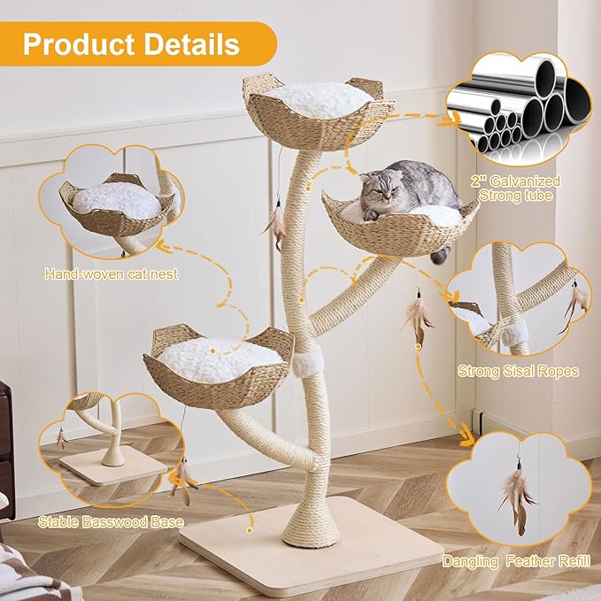 52” Tall Modern Cat Tree Tower for Large Cats| Cat Scratching Posts with Hand Woven Baskets and Mats| Luxury Cat Condo for Multiple Cats | Cat Furniture for Gifts （52” Natural）