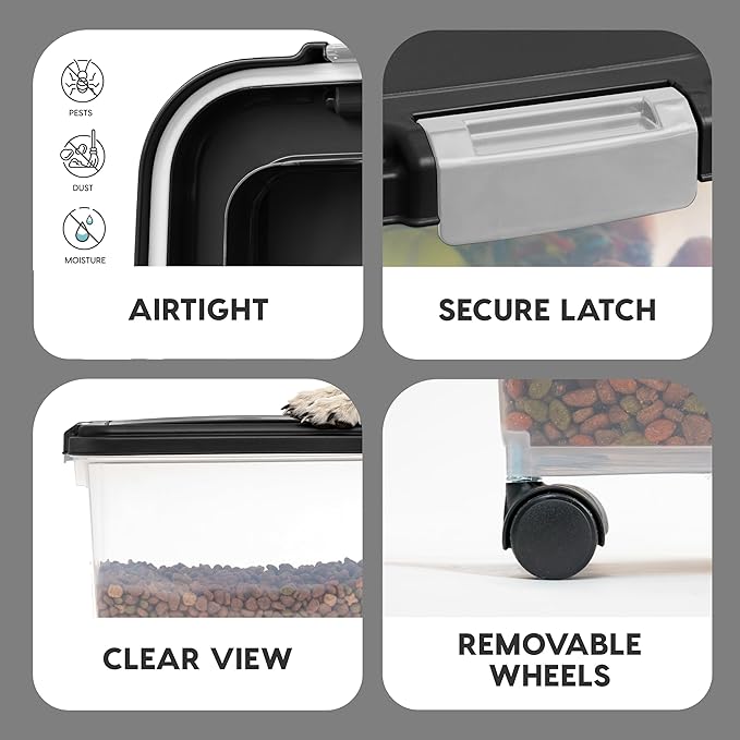 IRIS USA Airtight Dog Food Storage Container, Up to 54 lbs, Attachable Wheels, For Dog Cat Bird and Other Pet Food Storage Bin, Keep Fresh, Translucent Body, Easy Mobility, 2 Pack, Black