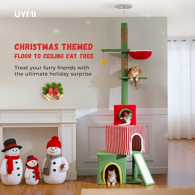 Christmas Cat Tree, Floor to Ceiling Tall Cat Tower (Adjustable Height 83"-108.7") with 3 Spacious Condos, Scratching Posts, Climbing Ladder, Hammock & Detachable Cat Toy for Indoor Cats