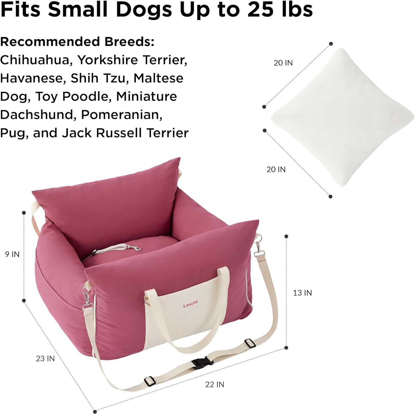Lesure Small Dog Car Seat for Small Dogs - Waterproof Dog Booster Seat for Car with Storage Pockets and Clip-On Safety Leash and Thickened Memory Foam Filling, Pet Travel Carrier Bed Rose Red