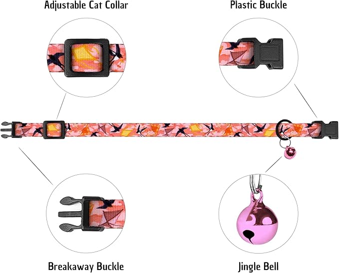 4PCS Breakaway Cat Collars with Bell - Cute Soft Adjustable Safety Kitten Collars 4-Pack - Nylon Pet Collars Nature Tribal Striped Floral Space Aztec Flowers Print (Nature)