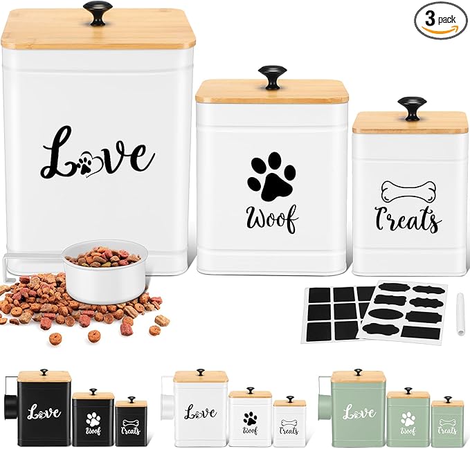 Metal Dog Treat Containers Set of 3 with Bamboo Lids and Spoon Airtight 7+3+2 lbs Dog Food Snack Jars with DIY Labels Big Pet Cookie Storage Jar for Kitchen Counter(White,Modern)